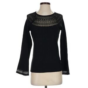 WHBM Black Lace Beaded Knit Top Small Long Sleeve Rhinestone